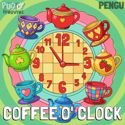 Clock With Teapots And Cups Saying Coffee O'Clock GIF