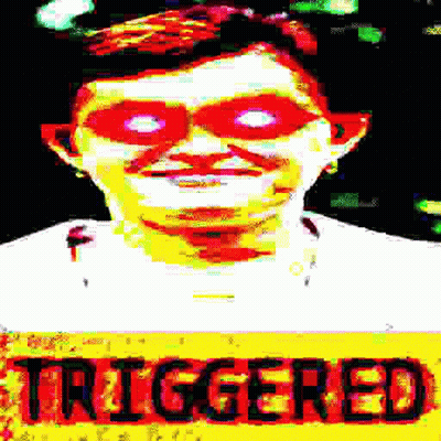 Close Up Face With Red Eyes And Triggered In Yellow GIF