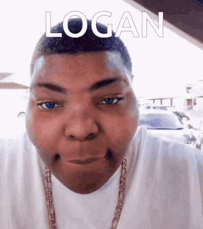 Close Up Man Face With Logan Above GIF