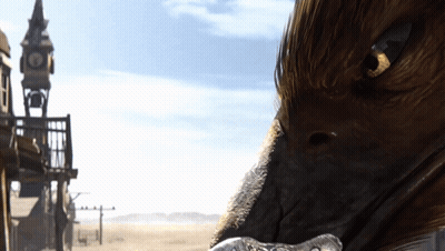 Close Up Of Bird Face In Front Of Clock Tower Building GIF
