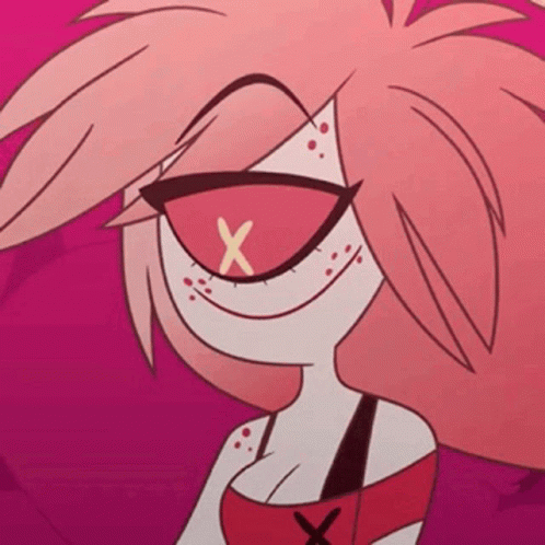 Close Up Of Cartoon Character With Pink Hair And X In Eye GIF
