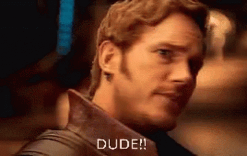 Close Up Of Man's Face With Word Dude Written Next To Him GIF