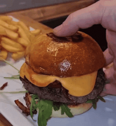 Close Up Of Person Holding Hamburger With Fries GIF