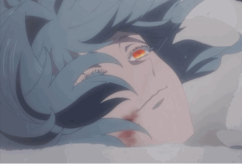 Close Up Of Person's Face With Blue Hair And Red Eyes GIF