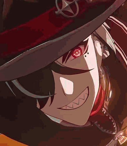 Close Up Of Person With Red Eyes And Hat GIF