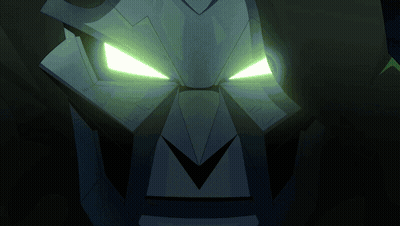 Close Up Of Robot Face With Glowing Green Eyes GIF