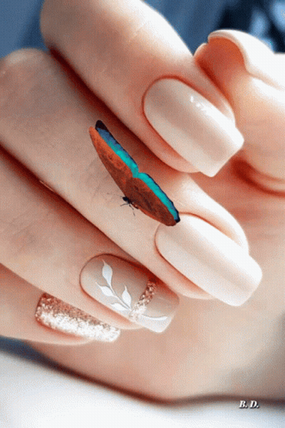 Close-Up Of Woman's Nails With Butterfly Flying GIF