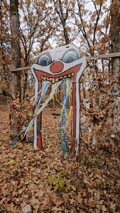 Clown Face Painted On Wooden Sign In Woods GIF