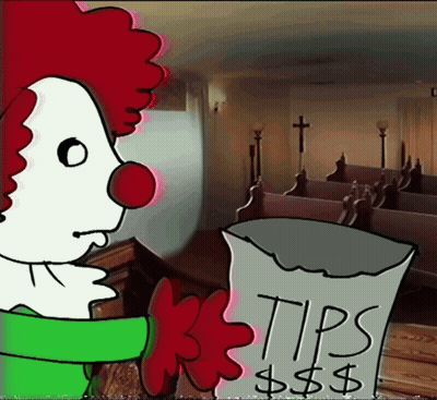 Clown Holding Bag Saying Tips $$$ GIF