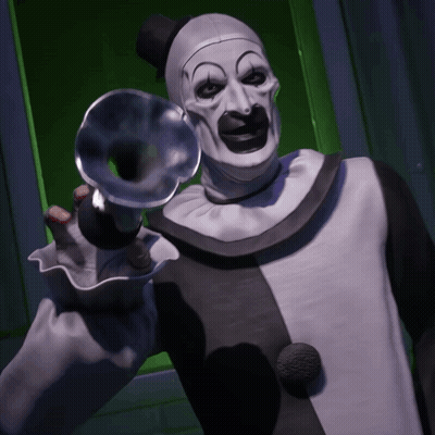 Clown Holding Trumpet In Front Of Green Door GIF
