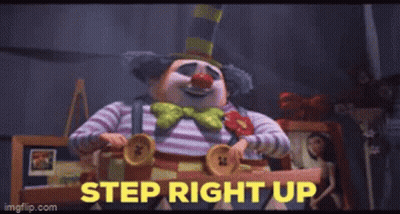 Clown In Top Hat Holding Buttons Says Step Right Up GIF