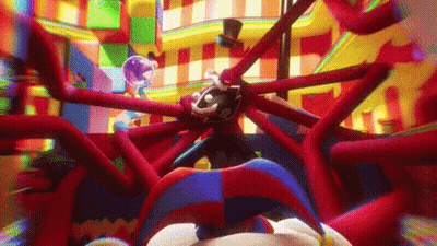 Clown Standing In Colorful Room With Giant Inflatable Octopus GIF