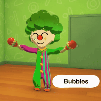 Clown With Green Hair And Red Nose Holding Maracas With Bubbles GIF