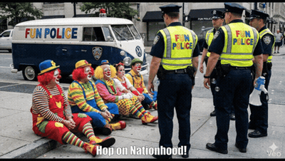 Clowns Sitting On Sidewalk In Front Of Fun Police Van GIF