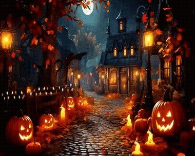 Cobblestone Street With Pumpkins And Candles GIF