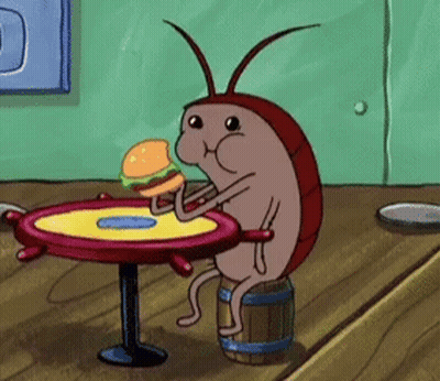 Cockroach With Hamburger In Mouth At Table GIF