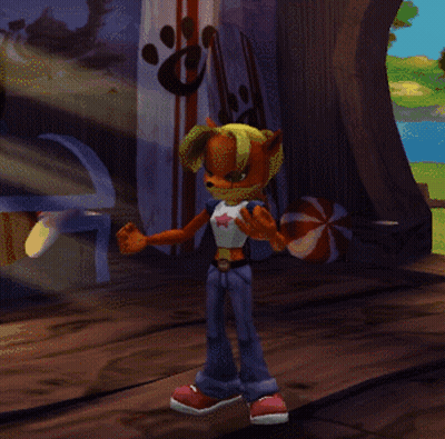 Coco From Crash Bandicoot Standing In Front Of Surfboard GIF