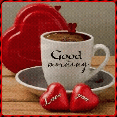 Coffee And Two Red Hearts Saying Good Morning GIF