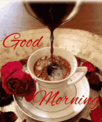 Coffee Being Poured On Tray With Roses Good Morning GIF