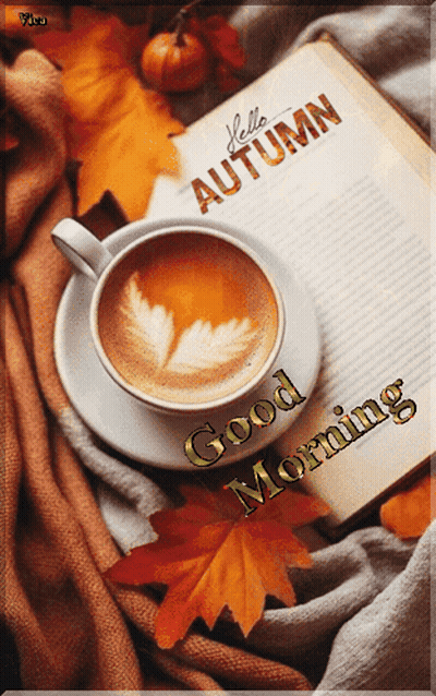 Coffee Cup And Book Saying Hello Autumn GIF