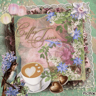 Coffee Cup And Flowers Saying Coffee Time GIF