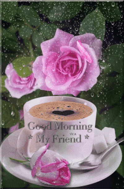 Coffee Cup And Pink Rose Good Morning GIF