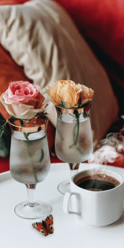 Coffee Cup And Two Water Glasses With Flowers GIF