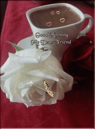 Coffee Cup And White Rose Saying Good Morning My Dear Friend GIF