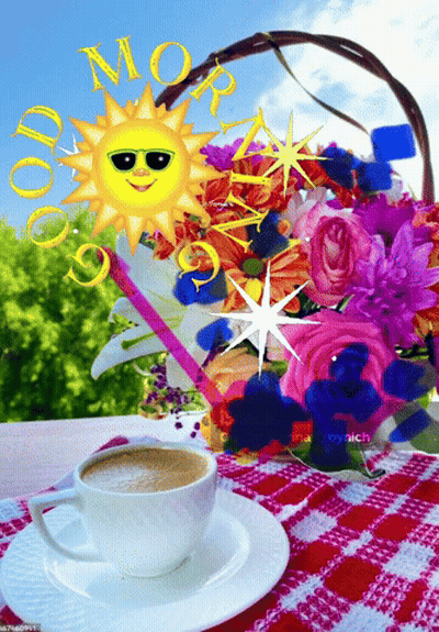 Coffee Cup, Basket Of Flowers, Sun In Sunglasses GIF