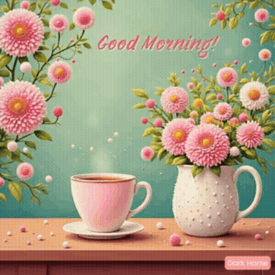 Coffee Cup Beside Vase Of Pink Flowers GIF