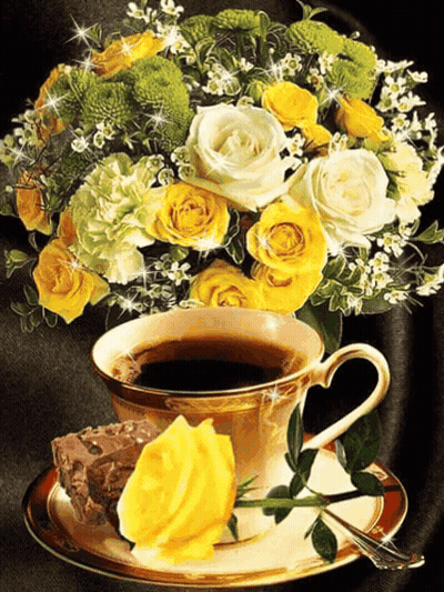 Coffee Cup Beside Yellow And White Flower Bouquet GIF