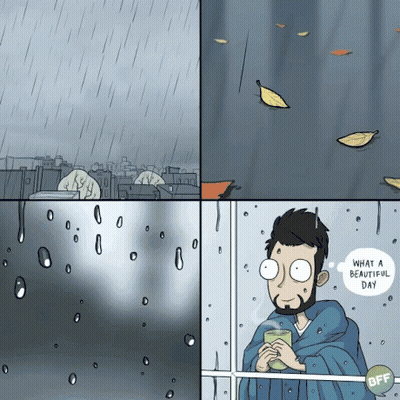 Coffee Cup In Front Of Rainy Window With Leaves GIF