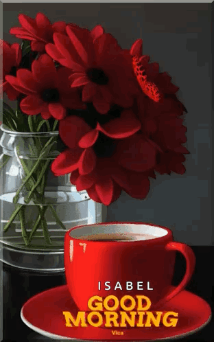 Coffee Cup Next To Red Flower Vase GIF
