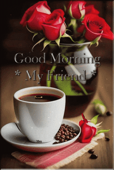 Coffee Cup Next To Red Roses GIF