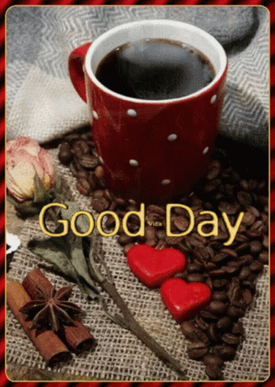 Coffee Cup On Beans Saying Good Day GIF