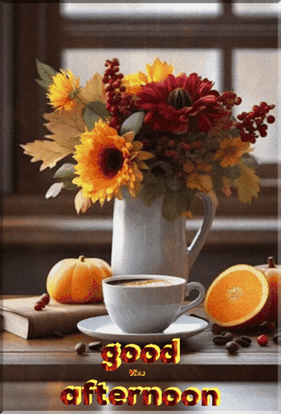 Coffee Cup On Saucer Next To Vase Of Flowers GIF