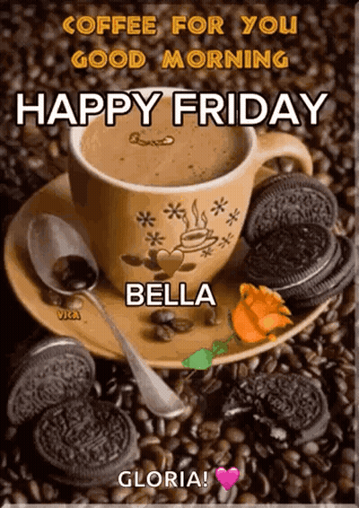 Coffee Cup On Saucer With Beans And Oreos GIF