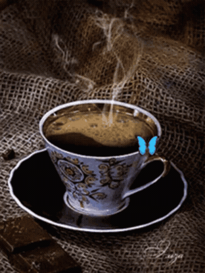 Coffee Cup On Saucer With Blue Butterfly GIF