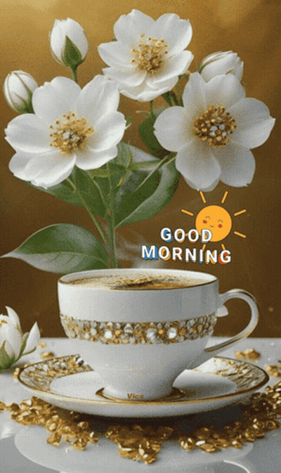 Coffee Cup On Saucer With Bouquet And Good Morning GIF