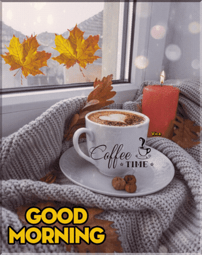 Coffee Cup On Saucer With Candle And Blanket Good Morning GIF