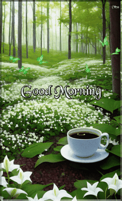 Coffee Cup On Saucer With Forest And Good Morning GIF