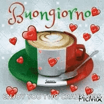 Coffee Cup On Saucer With Hearts And Italian Flag GIF
