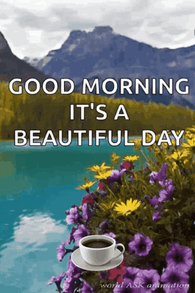 Coffee Cup On Saucer With Lake And Mountains GIF