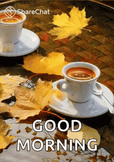 Coffee Cup On Saucer With Leaves Saying Good Morning GIF