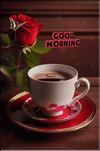 Coffee Cup On Saucer With Red Rose Good Morning GIF