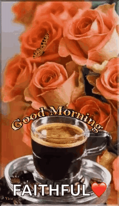 Coffee Cup On Saucer With Roses And Butterfly GIF