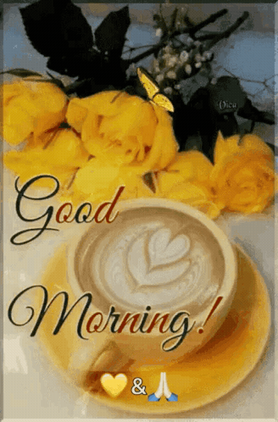 Coffee Cup On Saucer With Yellow Roses And Butterfly GIF