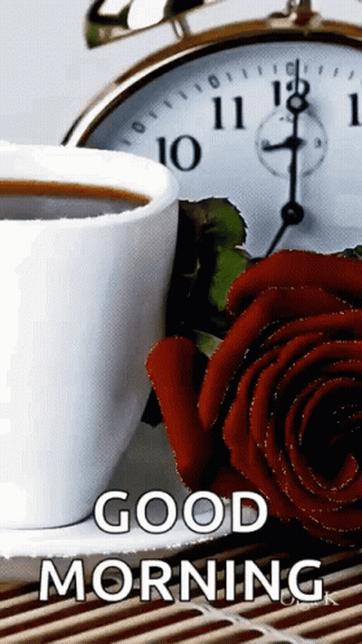 Coffee Cup Red Rose On Saucer Beside Clock GIF