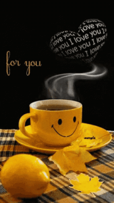 Coffee Cup Smiley Face With Lemon And I Love You Heart GIF