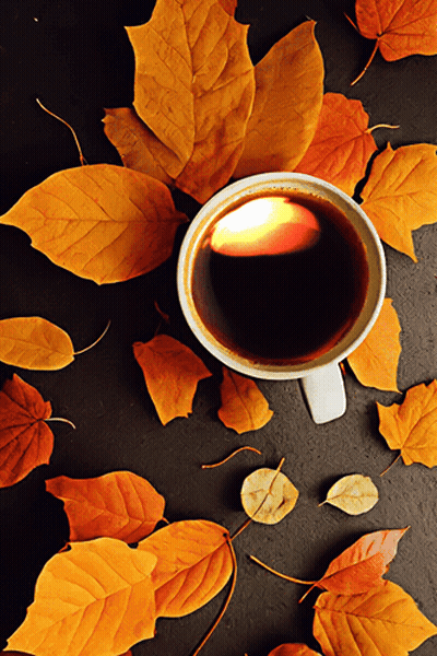 Coffee Cup Surrounded By Autumn Leaves GIF